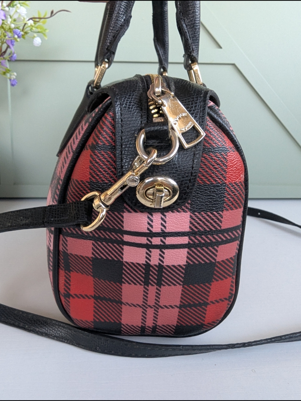 Coach Mini Bennett Satchel featuring a red, pink, andblack Riley Plaid print - Picture 4 of 13